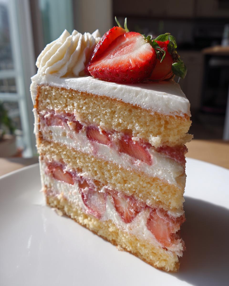 Close-up of a tall slice of strawberry cake showing three layers of sponge, cream, and fresh strawberry filling.