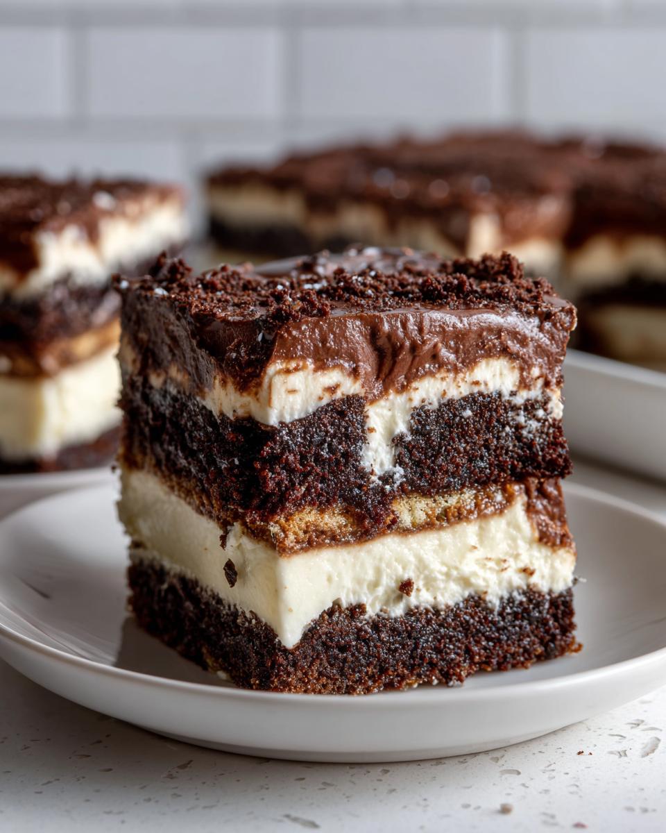 Close-up of a decadent slice of brownie refrigerator cake showing five distinct layers of dark chocolate cake and creamy filling.