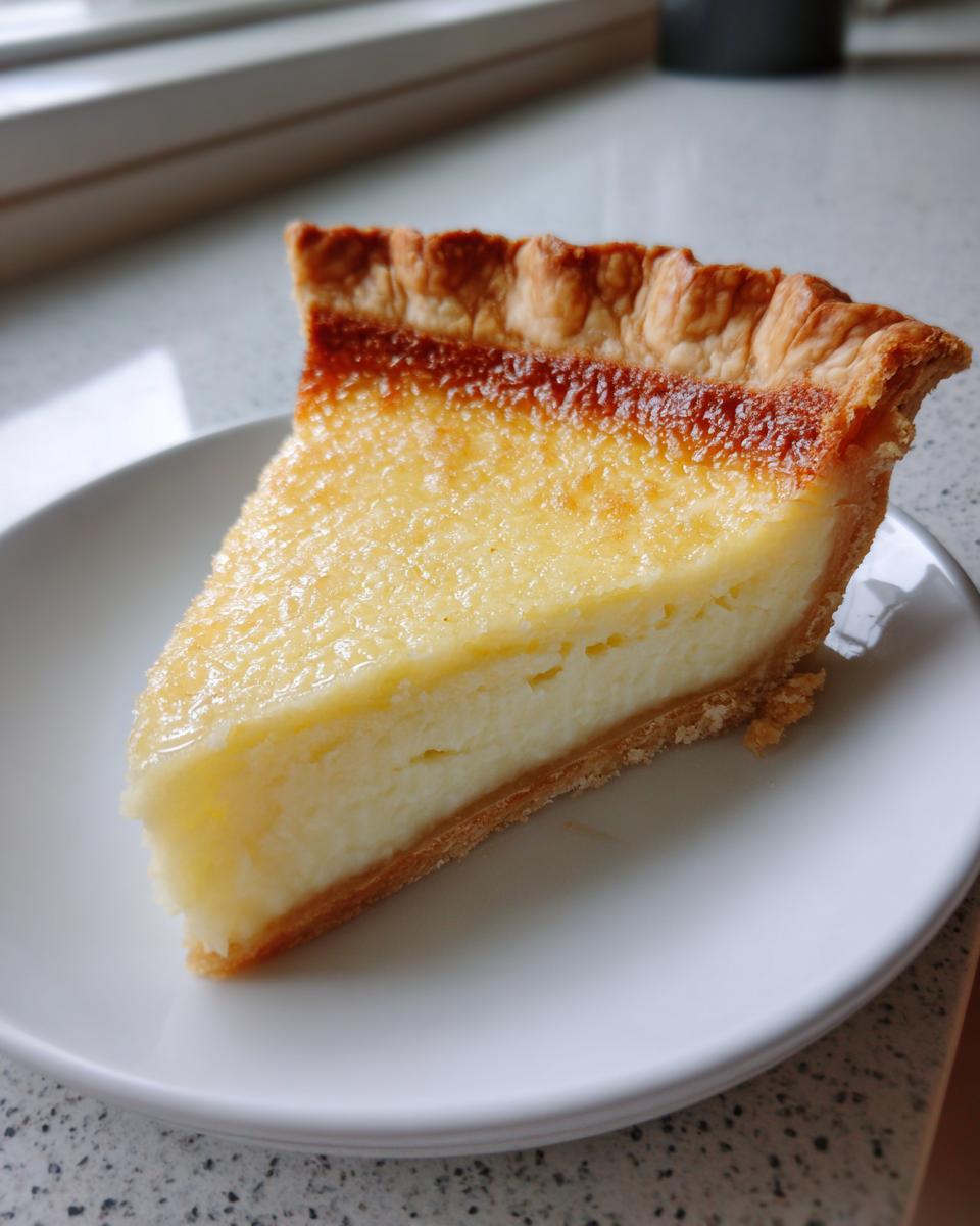 A close-up of a single slice of buttermilk pie on a white plate, showing the creamy yellow filling and flaky golden-brown crust.