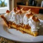 A close-up slice of rich butterscotch pie topped with tall, toasted meringue peaks on a white plate.