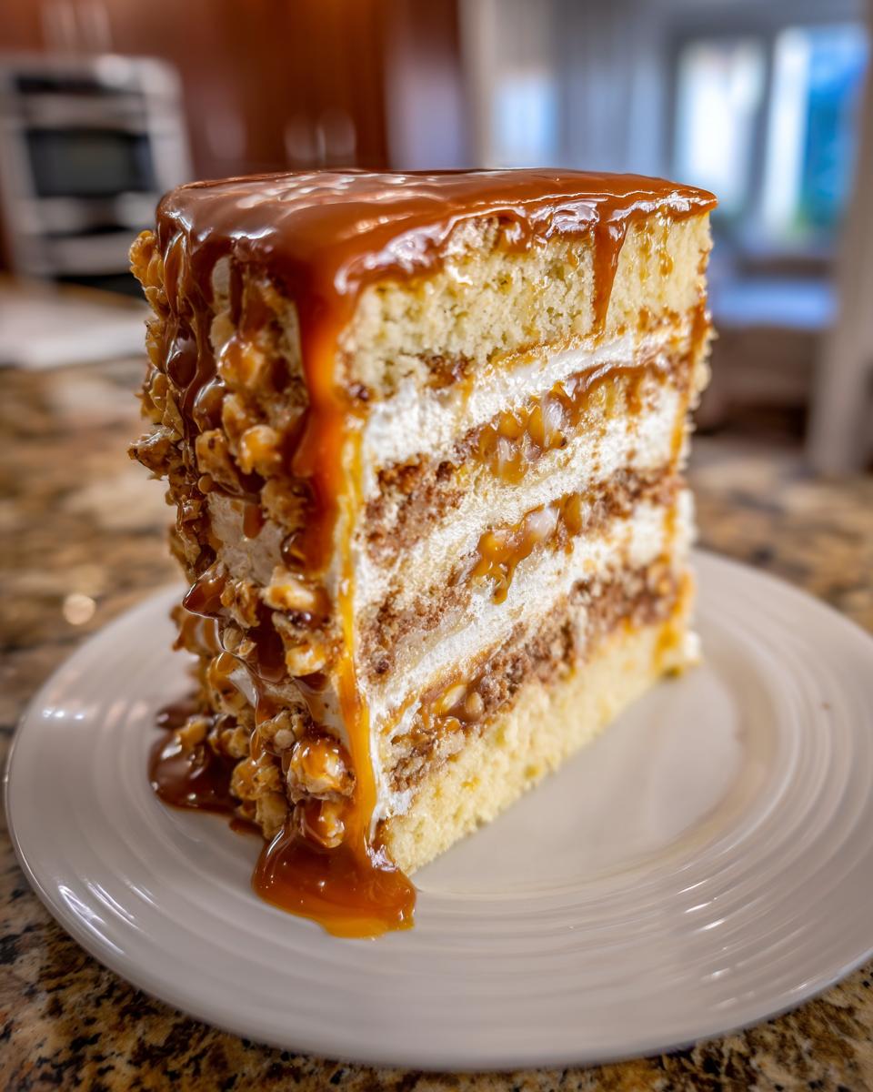 Close-up of a tall slice of caramel crunch cake showing layers of cake, cream, nuts, and dripping with thick caramel sauce.