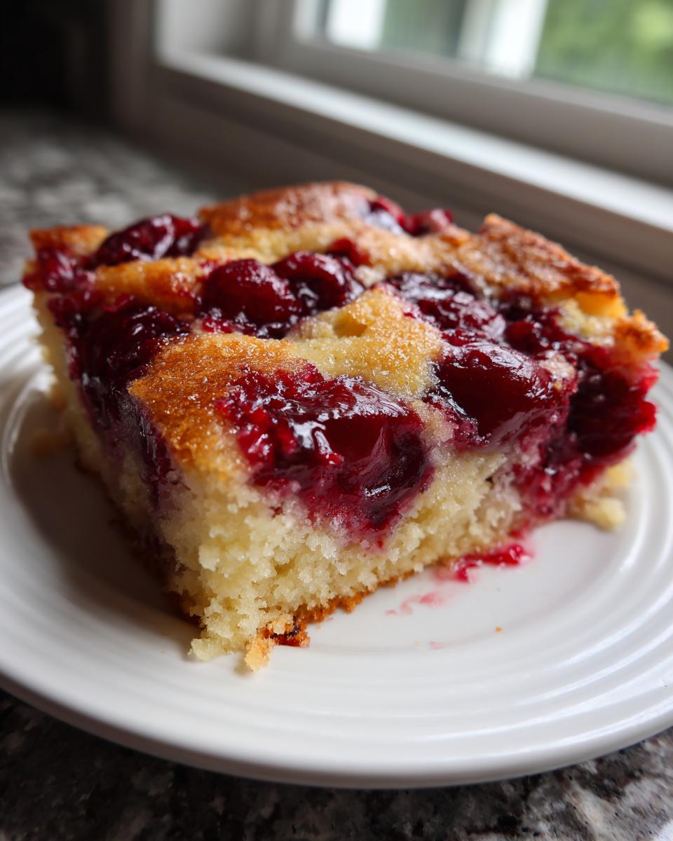 A close-up of a square slice of moist cherry dump cake with a golden crust on a white plate.