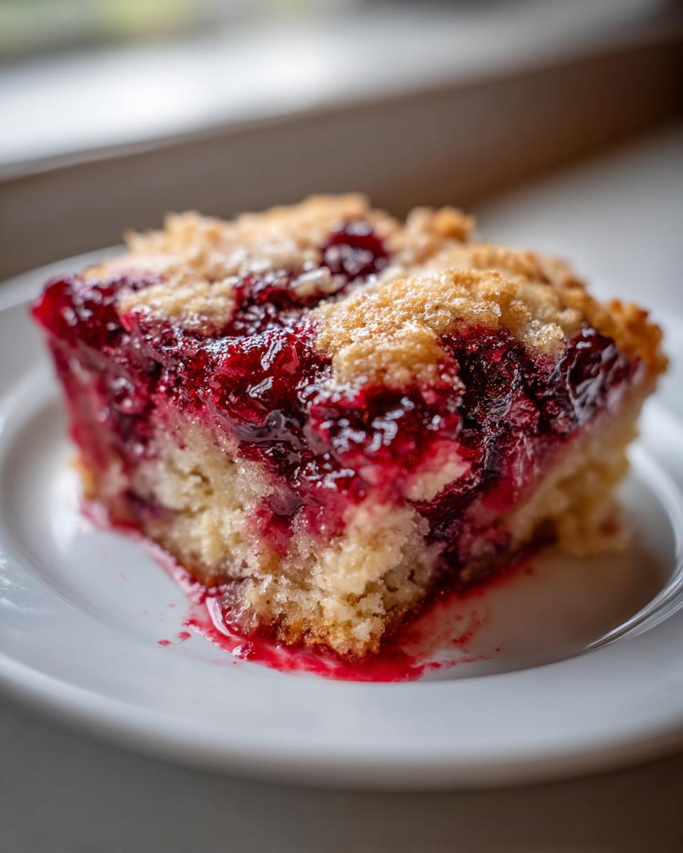 Close-up of a square slice of cherry dump cake with a moist cake base and bubbly cherry topping on a white plate.