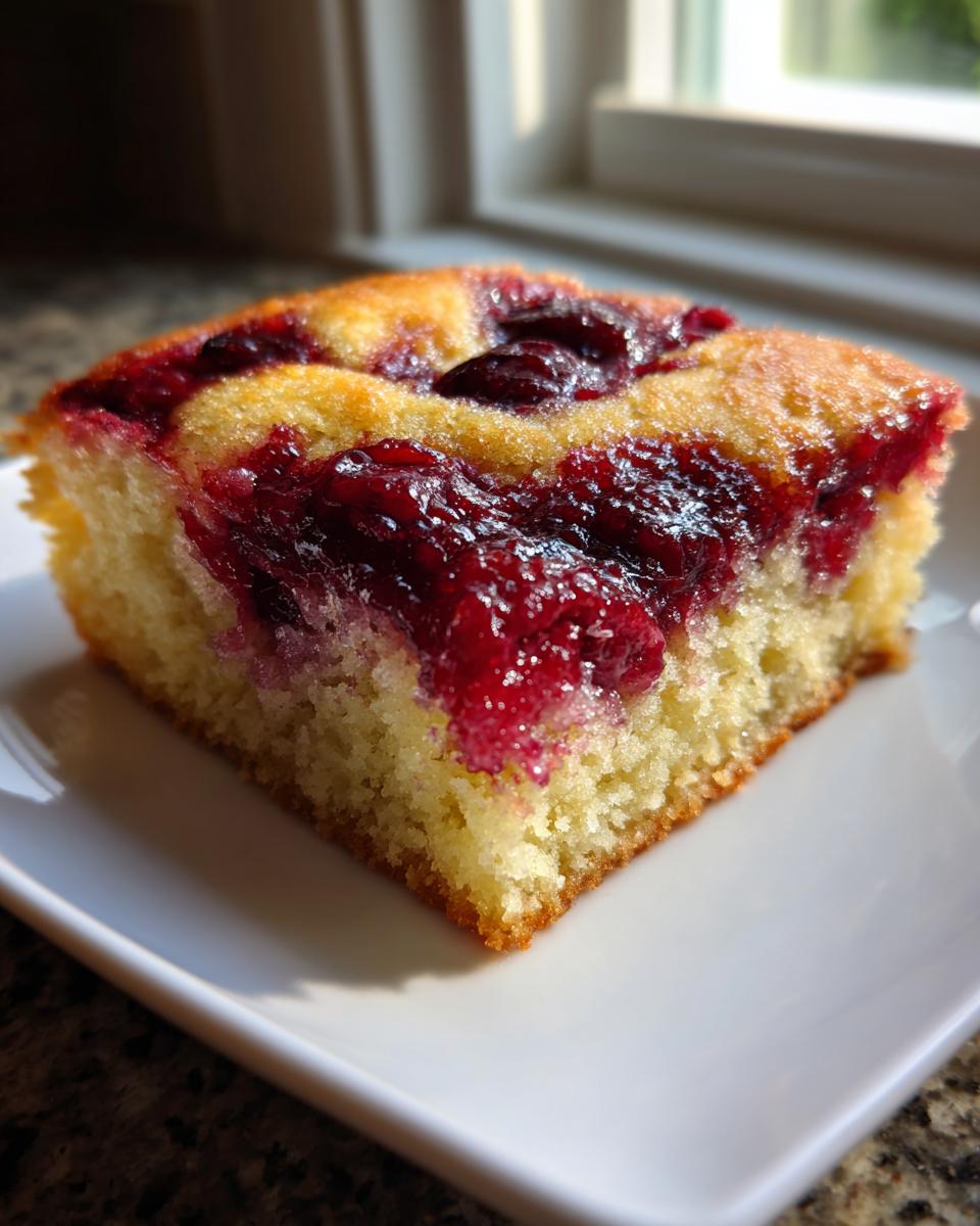 A square slice of moist yellow cake topped with glistening, deep red cherry filling, characteristic of a cherry dump cake.