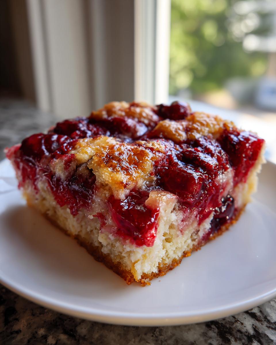 A square slice of moist cherry dump cake with a golden topping on a white plate.