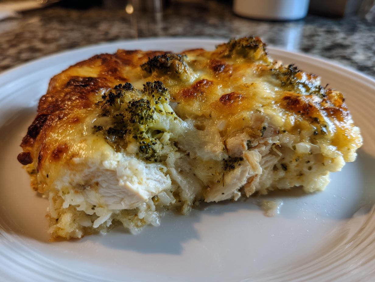 A close-up of a serving of chicken cauliflower rice casserole topped with melted, browned cheese and broccoli florets.