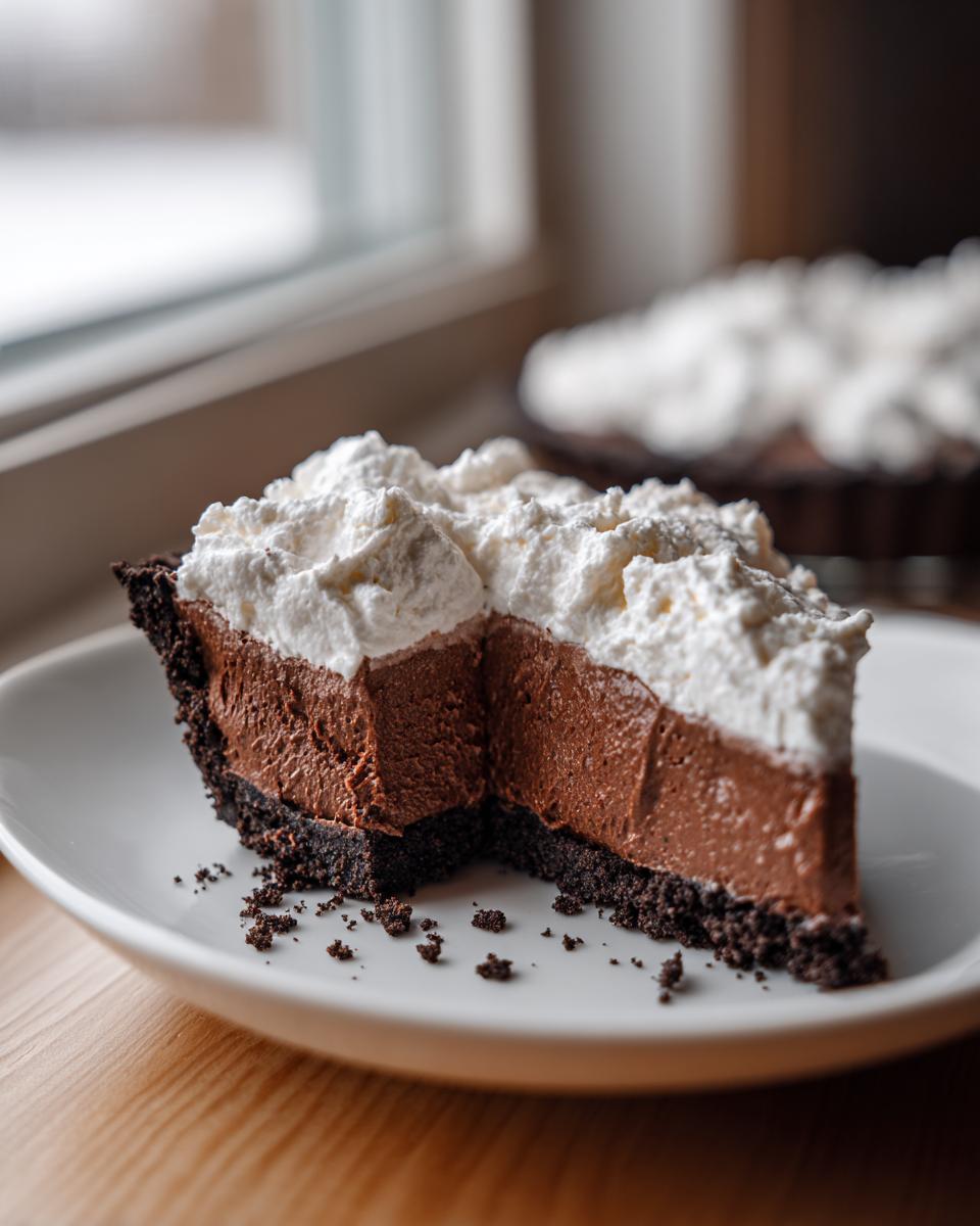 A decadent slice of chocolate mousse pie featuring a dark crust, thick filling, and generous whipped cream topping.