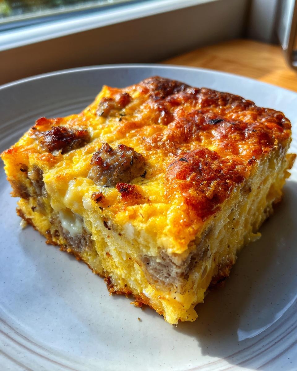 A golden-brown square slice of christmas breakfast casserole with visible sausage and melted cheese on a light plate.