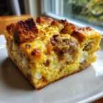 Close-up of a golden brown slice of christmas breakfast casserole with sausage and baked bread cubes.