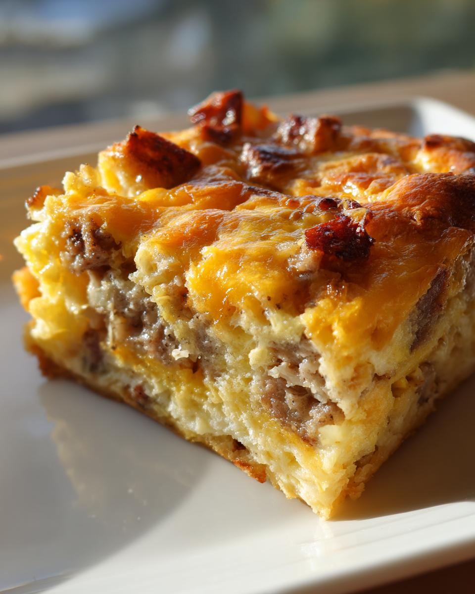 Close-up of a square slice of savory christmas breakfast casserole featuring layers of bread, sausage, and melted cheddar cheese.