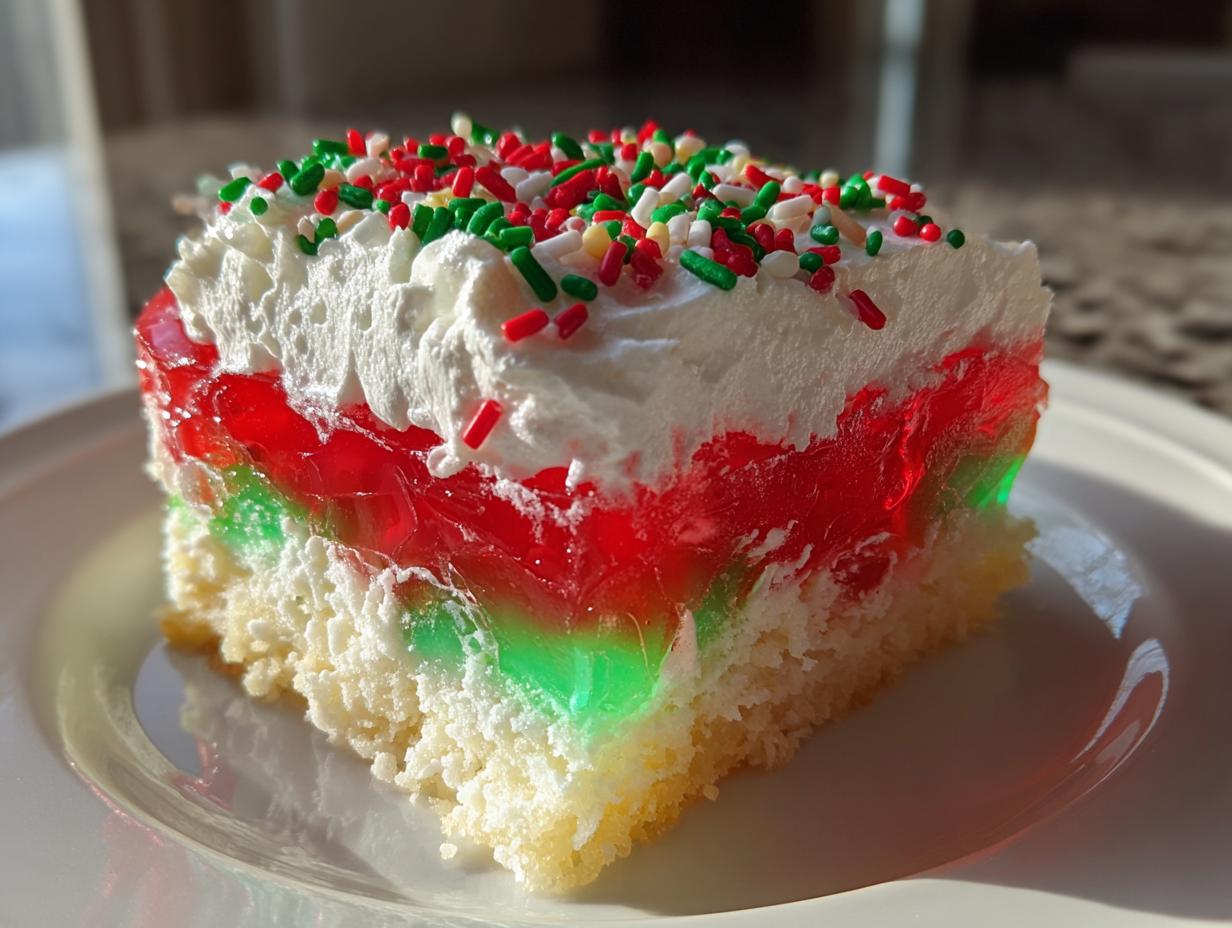 A close-up of a slice of christmas poke cake featuring layers of white cake, red and green gelatin, whipped topping, and holiday sprinkles.