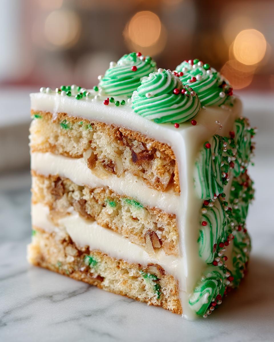 A decadent slice of christmas tree cheesecake showing three layers of cake with nuts and cream cheese frosting, decorated with green swirls.
