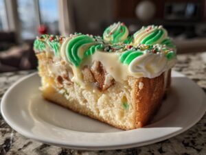 A close-up of a slice of christmas tree cheesecake topped with white and green swirled frosting and colorful sprinkles.