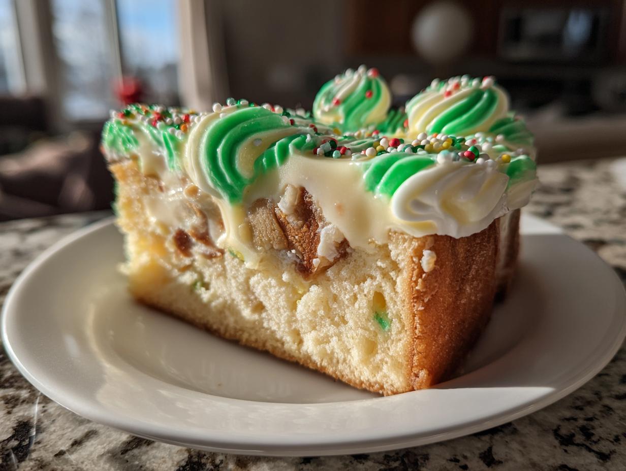 A close-up of a slice of christmas tree cheesecake topped with white and green swirled frosting and colorful sprinkles.