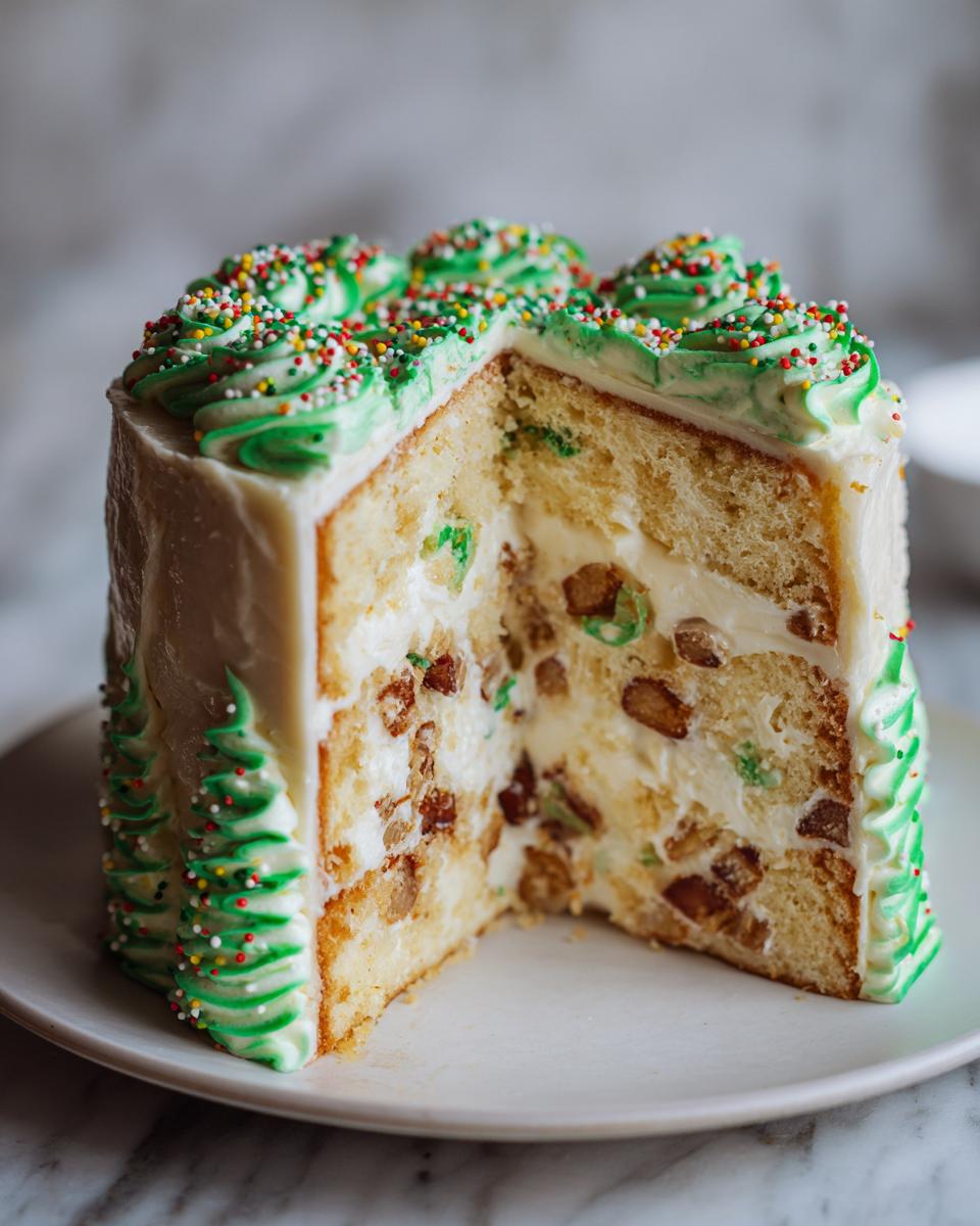 A cross-section view of a slice of the Christmas tree cheesecake showing layers of cake, creamy filling, and nuts.