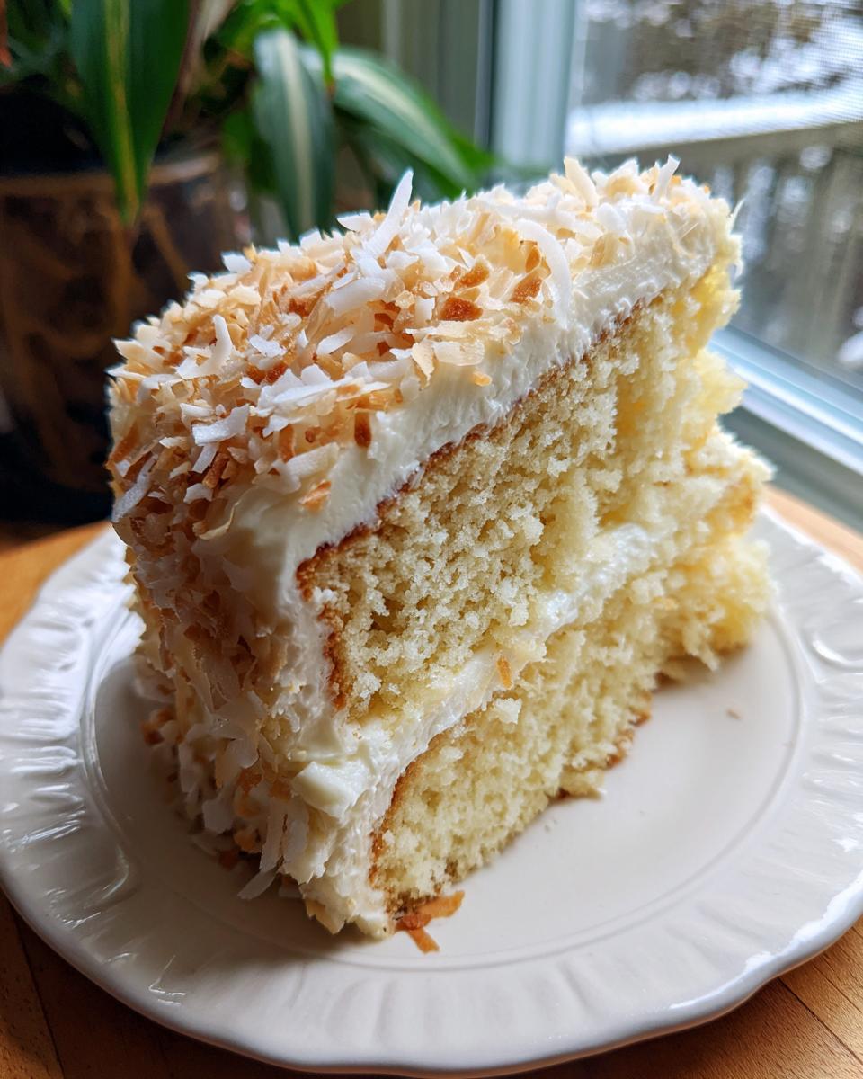 A tall slice of moist coconut cake recipe with white frosting and toasted coconut flakes on top, served on a white plate.