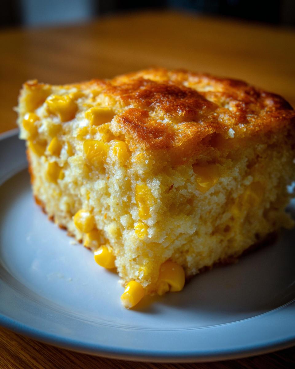 A close-up of a golden slice of cornbread casserole studded with whole corn kernels, served on a light blue plate.