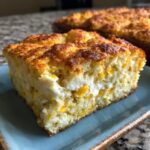 A thick slice of moist cream cheese corn casserole showing visible corn kernels and a golden, slightly browned top.