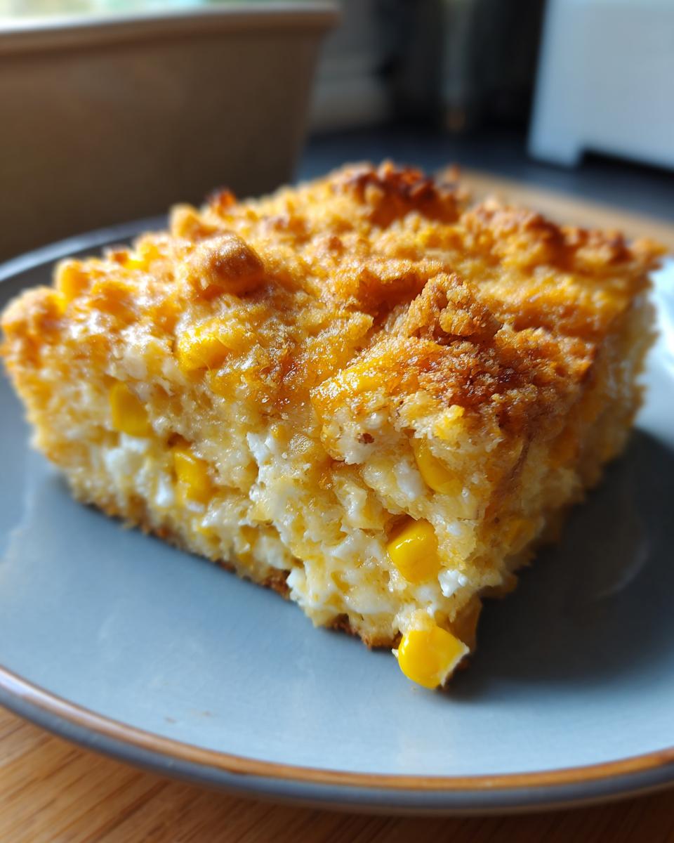 A square slice of rich cream cheese corn casserole showing visible corn kernels and a golden, slightly crunchy topping.