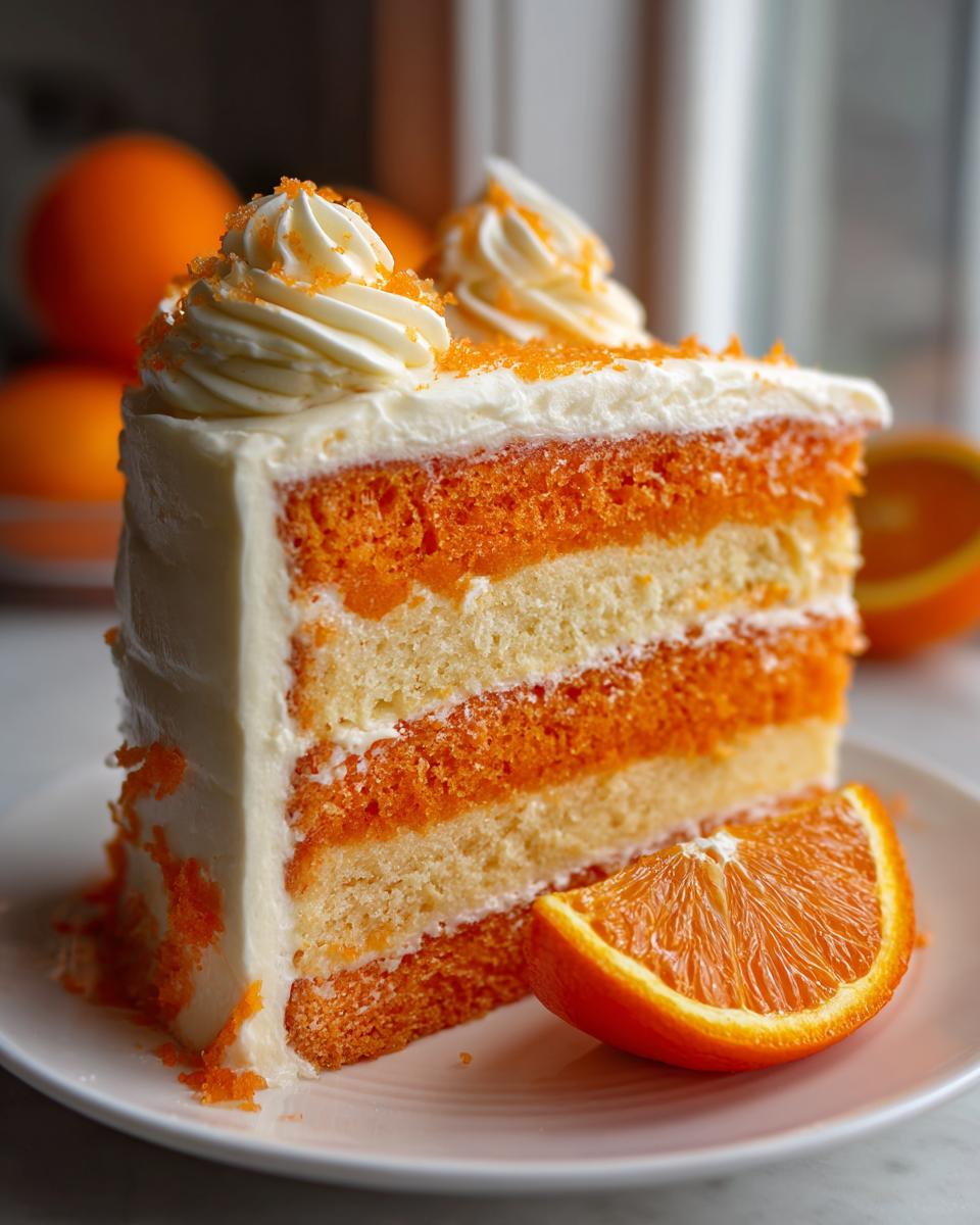 A tall slice of Creamsicle Cake showing alternating layers of white and bright orange cake, covered in white frosting and topped with orange sprinkles.