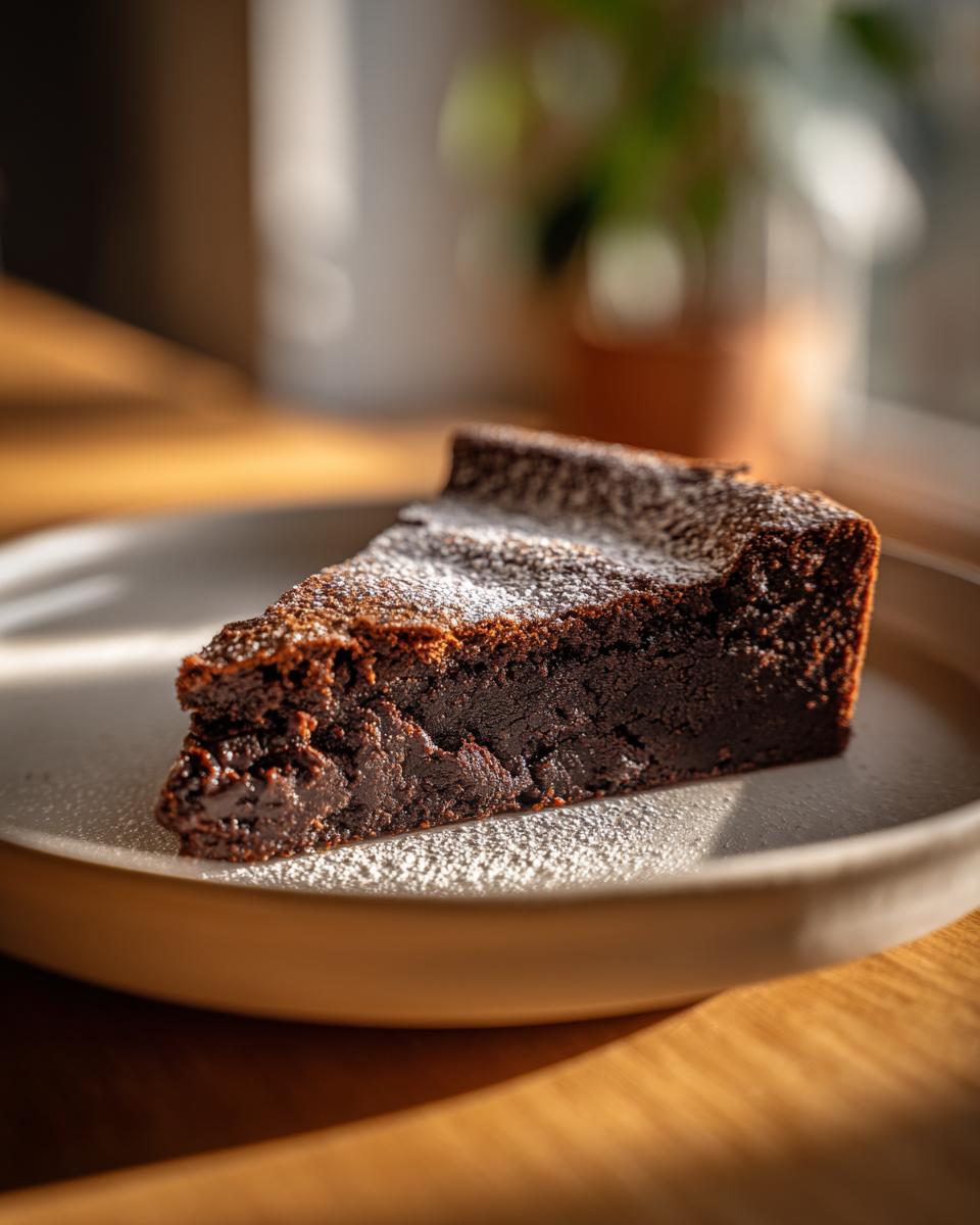 A close-up slice of rich, dark flourless chocolate cake dusted with powdered sugar on a light plate.