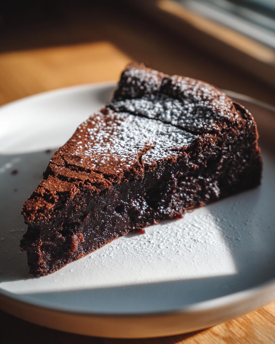 A decadent slice of flourless chocolate cake dusted with powdered sugar, served on a white plate.