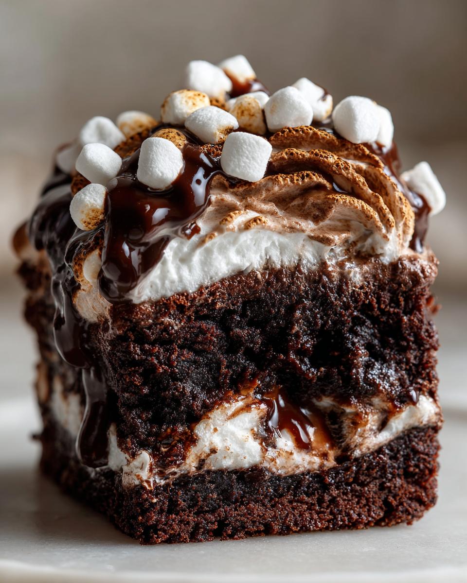 Close-up of a rich slice of hot chocolate poke cake, layered with white filling and topped with toasted marshmallows and chocolate drizzle.