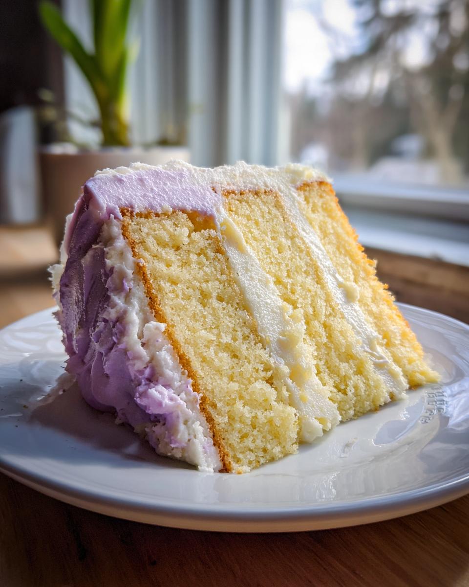 A tall slice of layered lavender cake with white and light purple frosting sitting on a white plate.