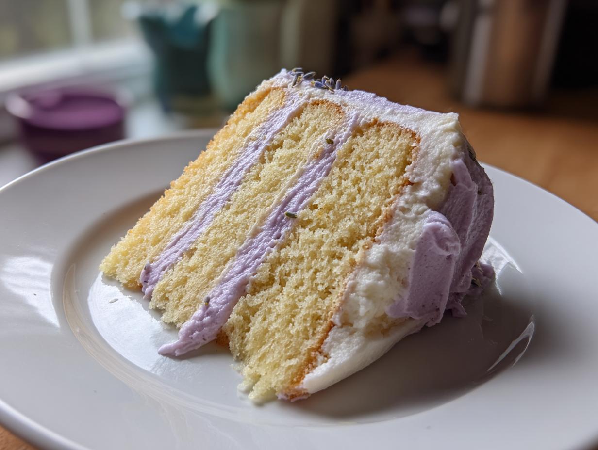 A close-up of a moist slice of lavender cake with two layers of pale purple frosting and white buttercream.