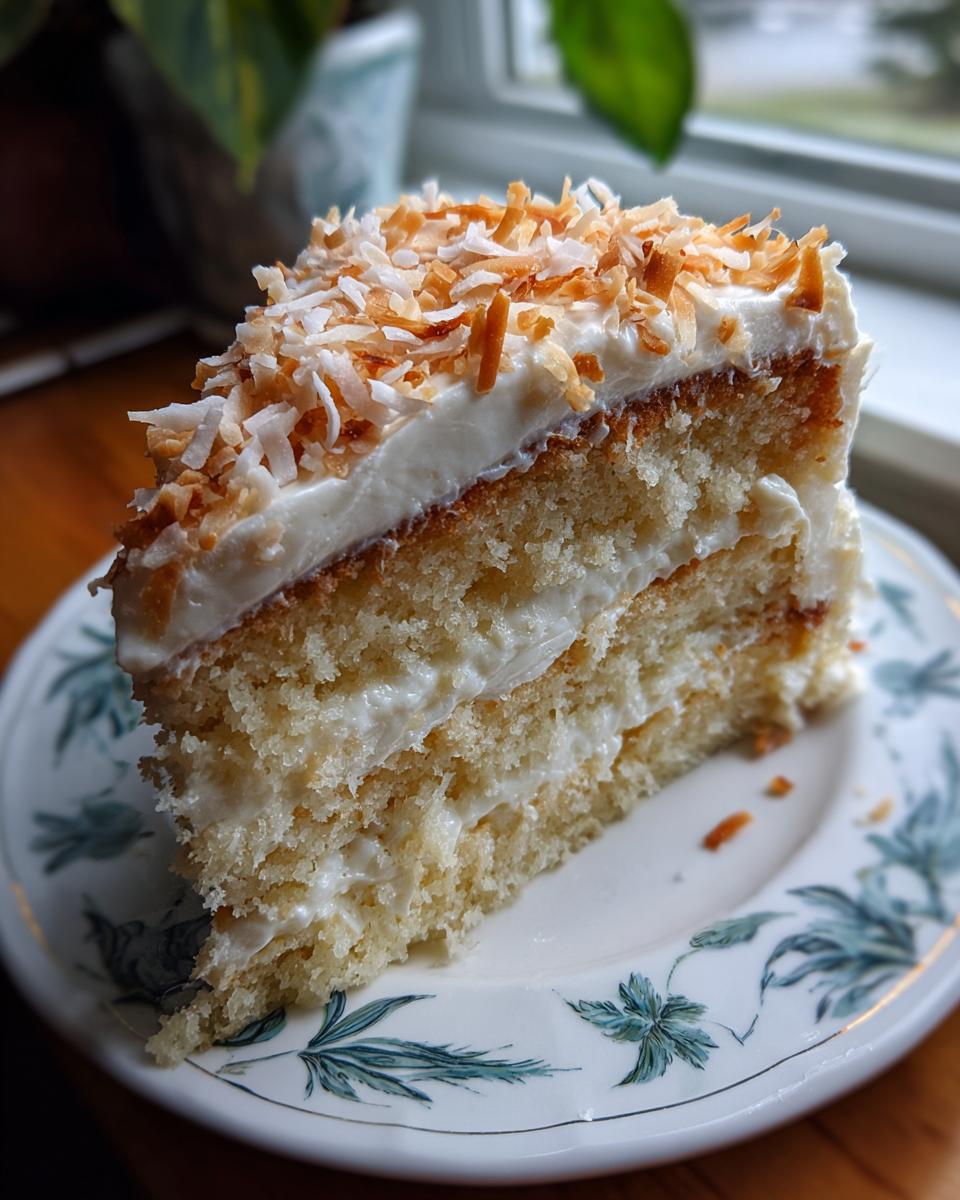 A decadent slice of layered coconut cake recipe showing moist layers, white frosting, and toasted coconut flakes on top.