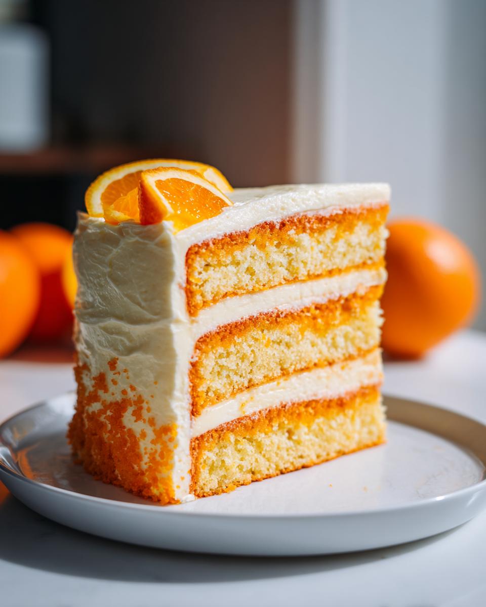 A tall, layered slice of Creamsicle Cake featuring orange-tinted sponge, white frosting, and orange slices on top.