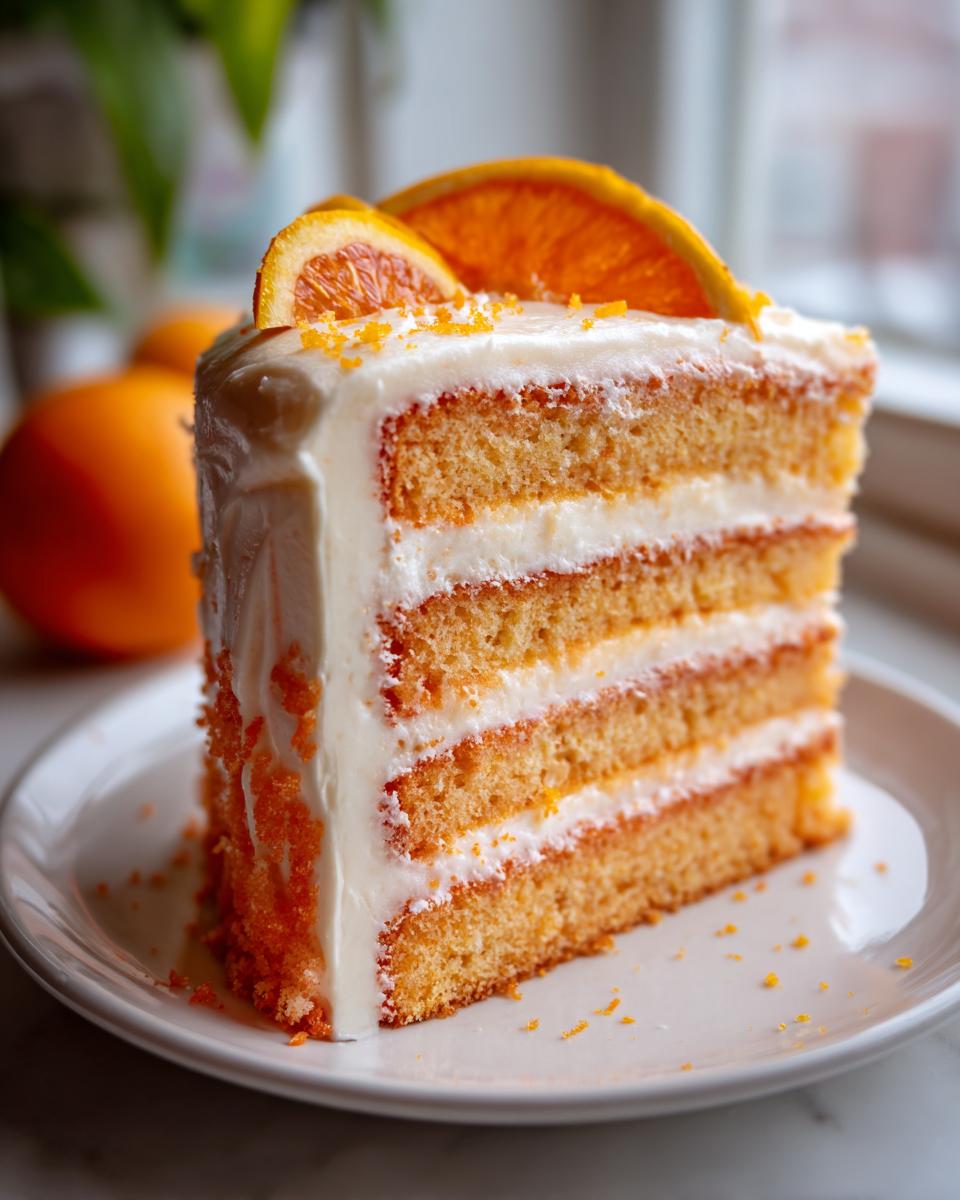 A tall slice of layered Creamsicle Cake featuring orange sponge layers, white frosting, and topped with dried orange slices.