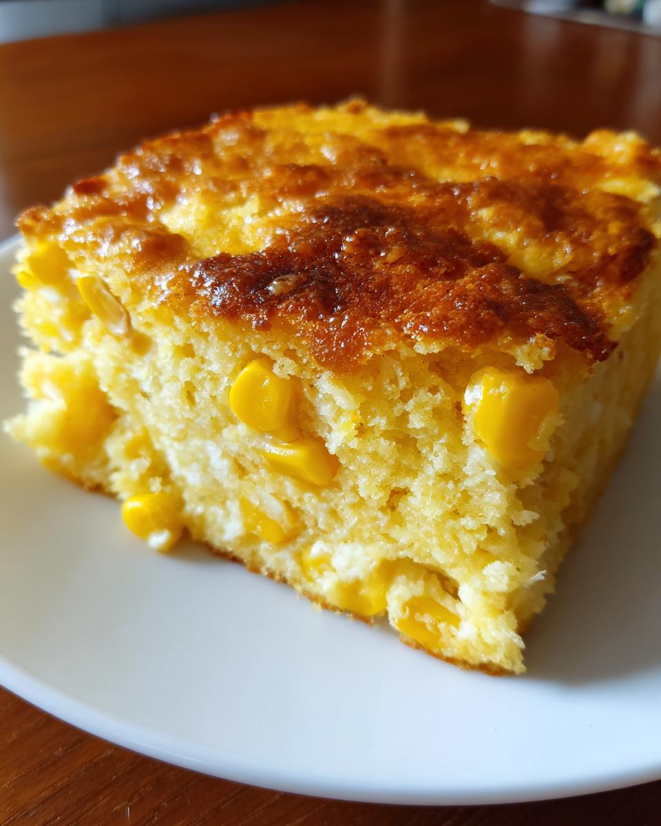 Close-up of a square slice of moist cornbread casserole studded with whole corn kernels, featuring a golden-brown, slightly caramelized top.