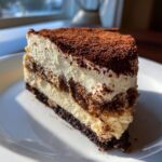 A perfect slice of no bake tiramisu cheesecake layered with cream and coffee-soaked cake, dusted heavily with cocoa powder.