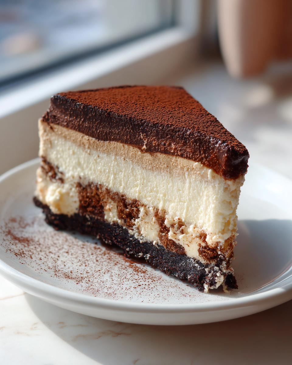 A perfect slice of no bake tiramisu cheesecake with layers of cream, chocolate, and cocoa powder dusting.