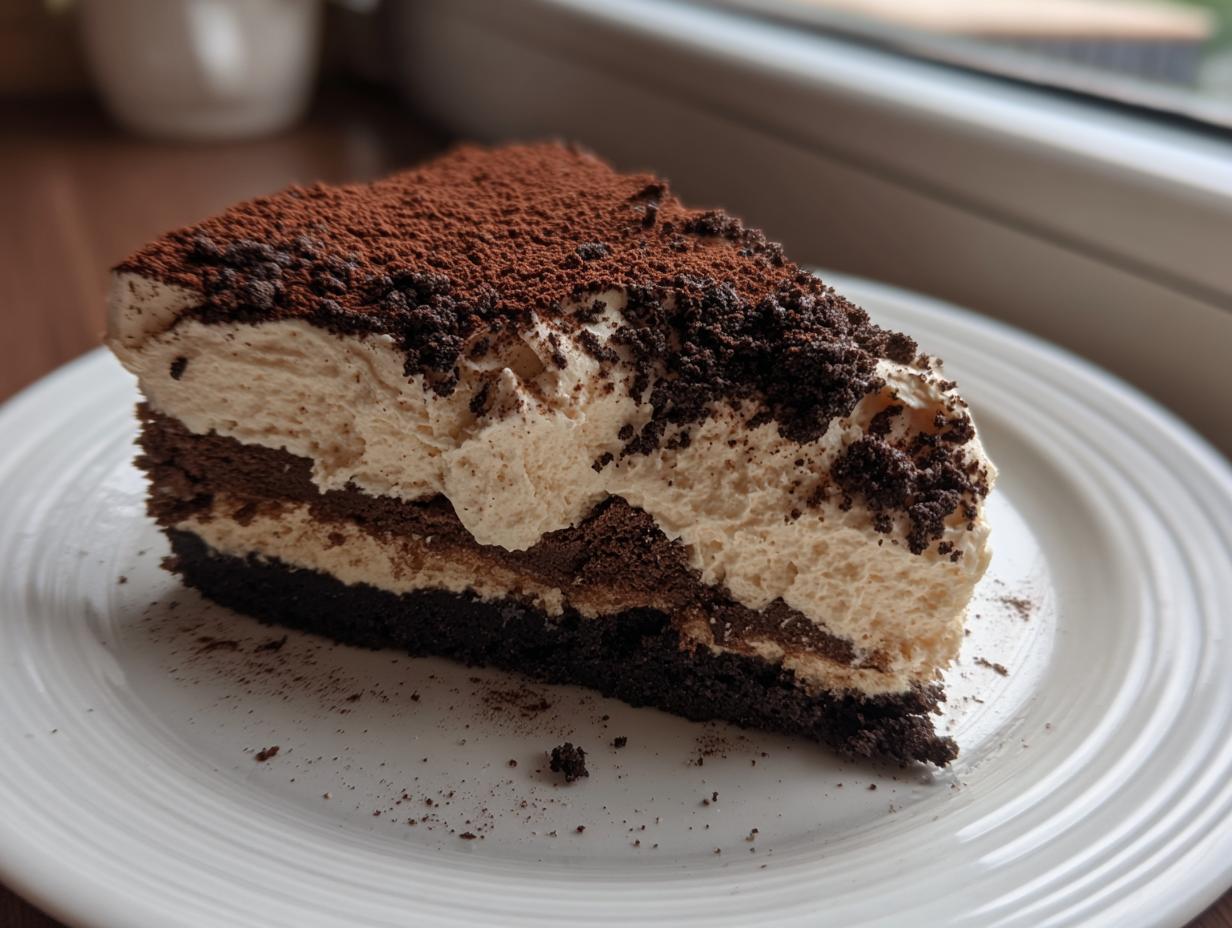 A decadent slice of no bake tiramisu cheesecake featuring layers of dark chocolate cake and creamy filling, topped with cocoa powder.
