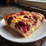 A close-up of a moist slice of cherry dump cake with bright red cherries baked into a golden crust.