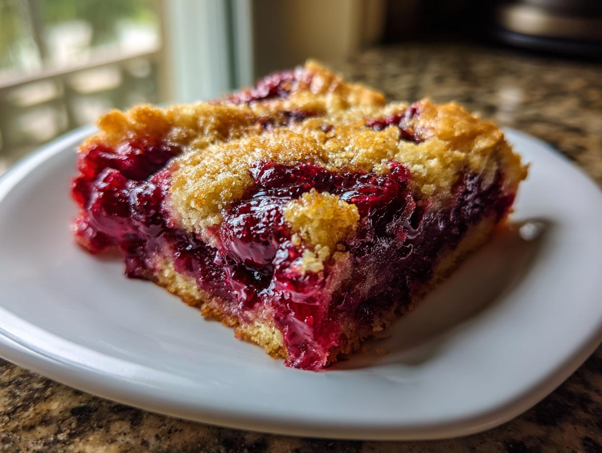 Close-up of a square slice of moist cherry dump cake showing bright red cherry filling and golden topping.