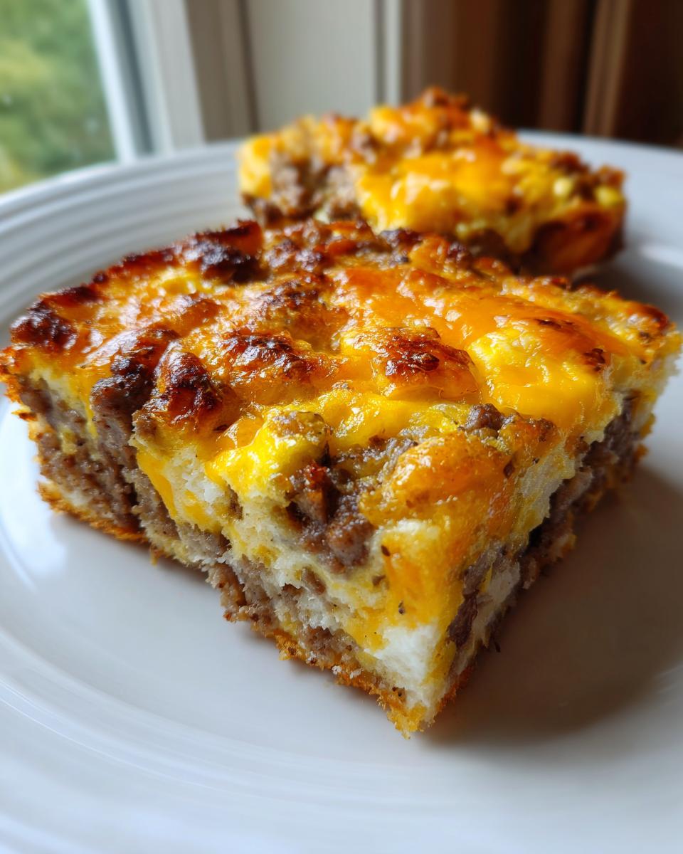 Close-up of a square slice of christmas breakfast casserole topped with browned sausage and melted cheddar cheese on a white plate.