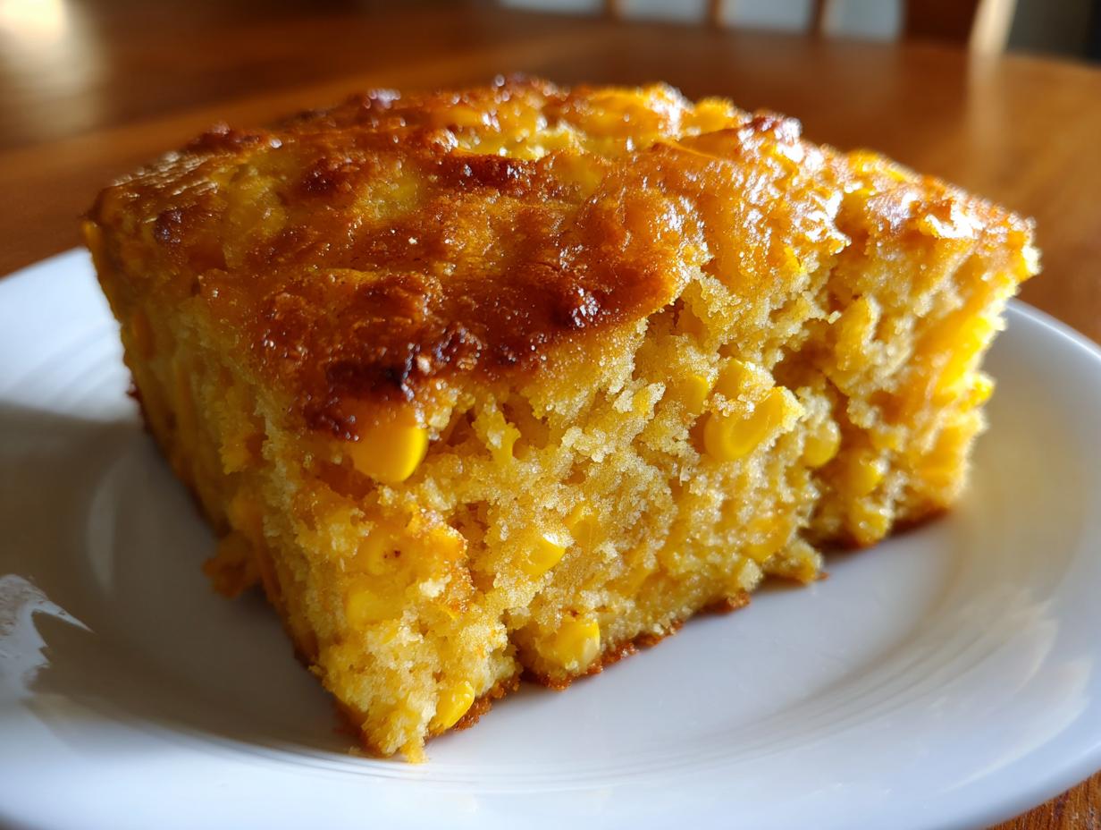 Close-up of a moist, golden slice of cornbread casserole studded with whole corn kernels, served on a white plate.