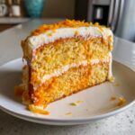 A delicious slice of Creamsicle Cake showing two layers of orange cake, white frosting, and orange zest topping.
