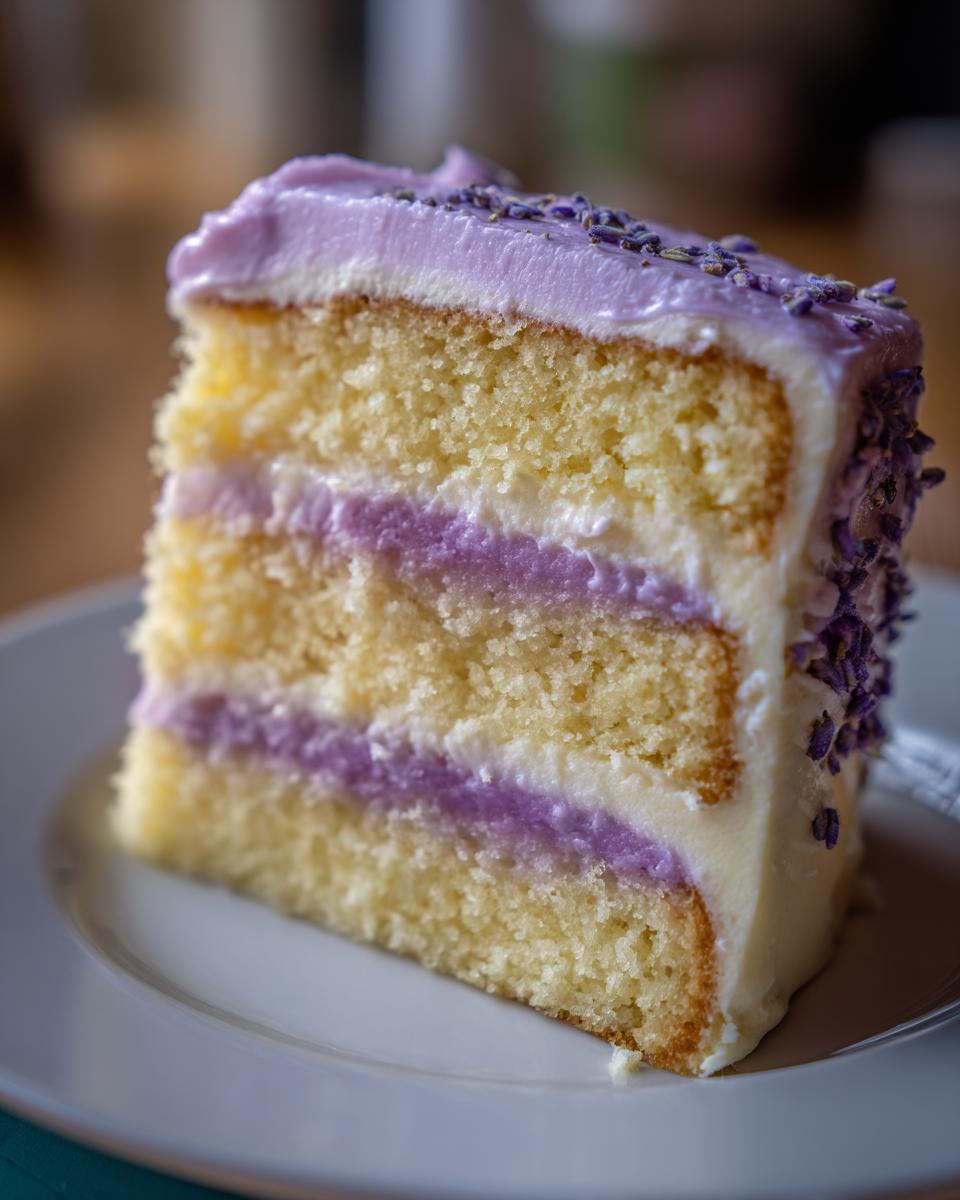 Close-up of a moist slice of lavender cake showing three layers of yellow cake separated by white and purple filling, topped with lavender frosting.