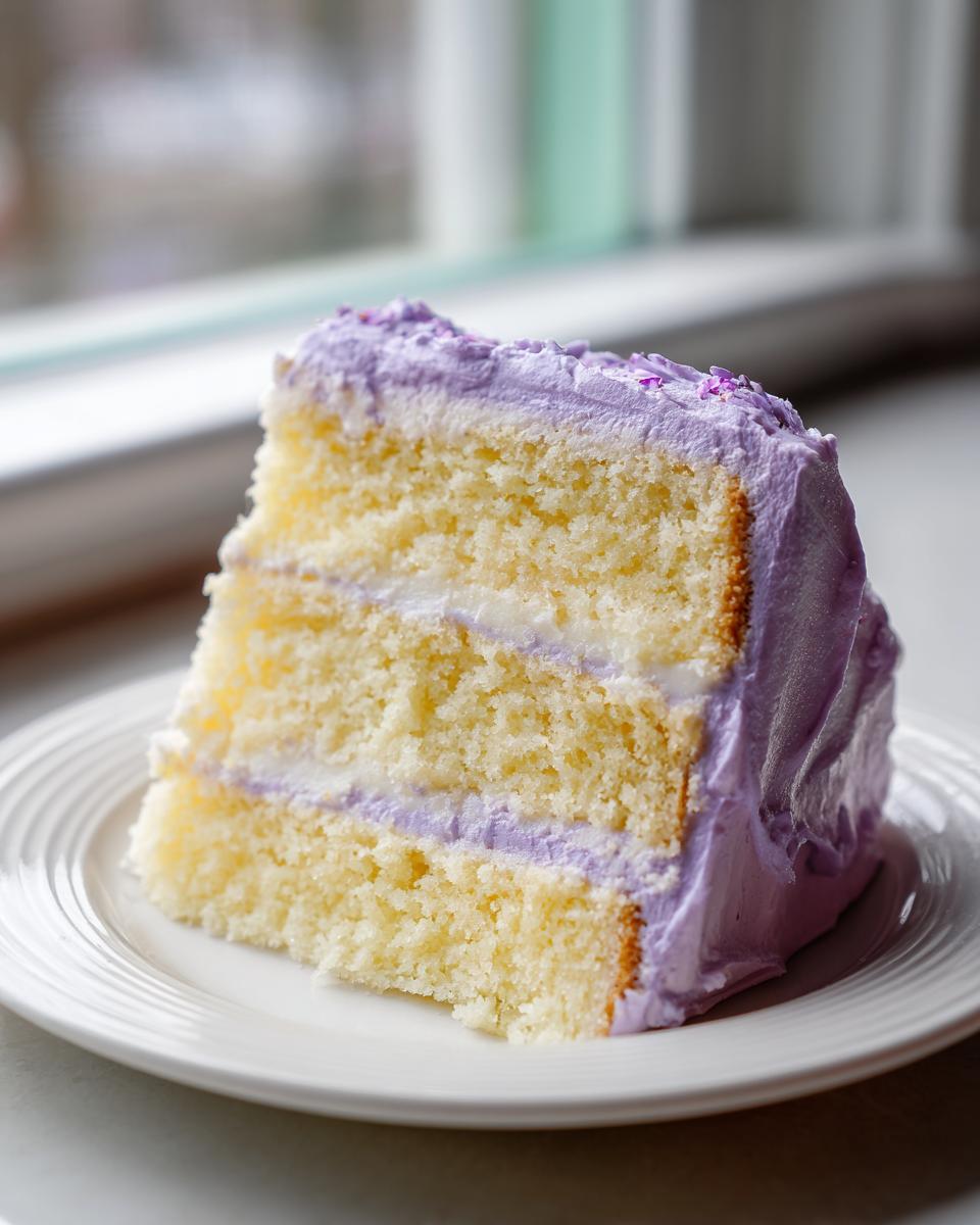 A tall slice of three-layer lavender cake with light purple frosting served on a white plate.