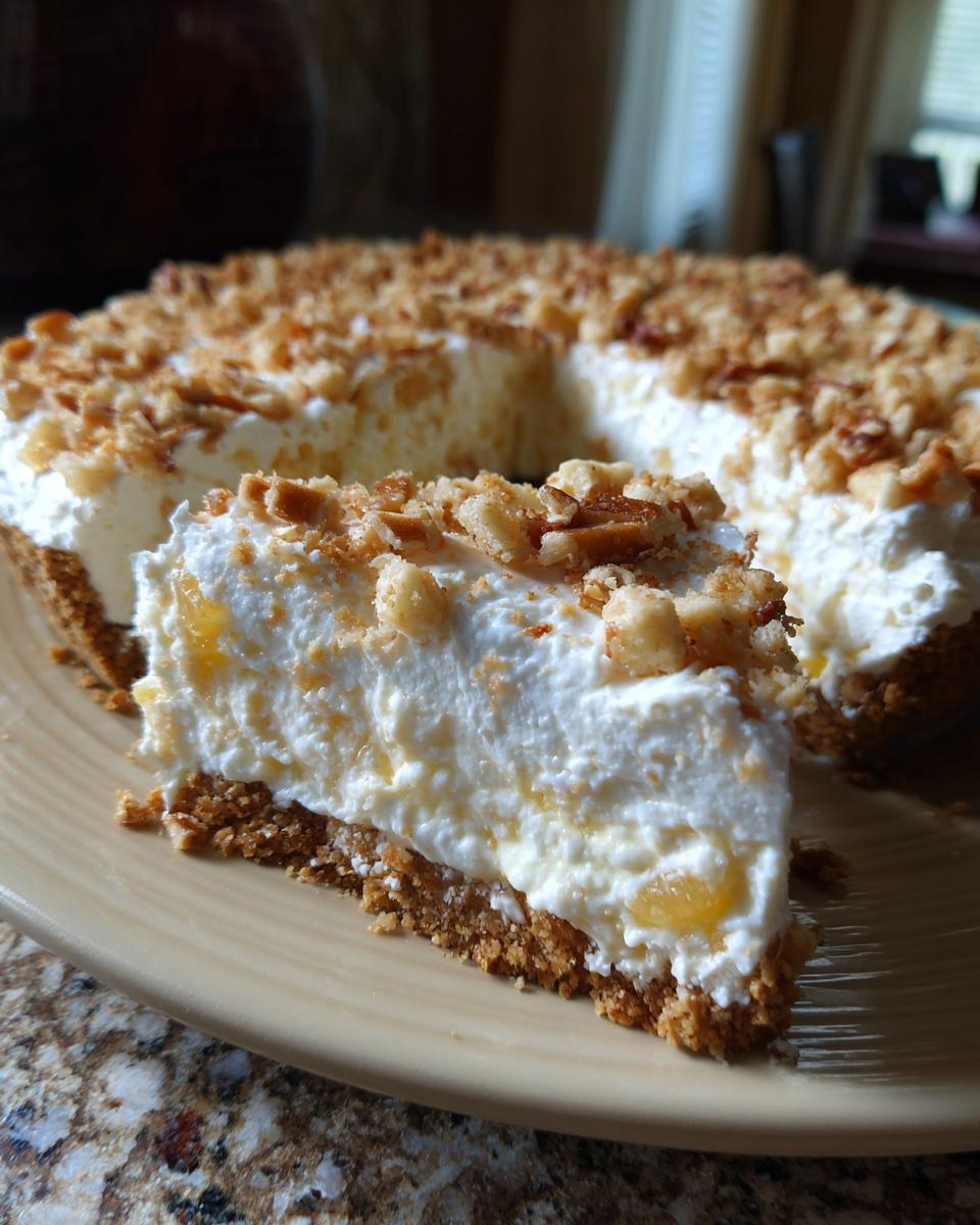 A close-up of a slice of no-bake million dollar pie showing a thick graham cracker crust and creamy filling topped with nuts.