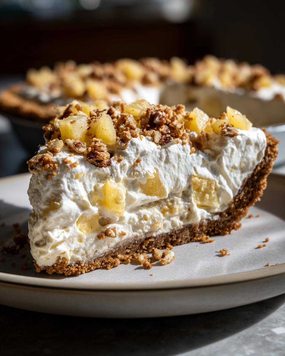 A close-up slice of rich, creamy million dollar pie featuring a graham cracker crust, whipped filling with pineapple chunks, and a pecan topping.