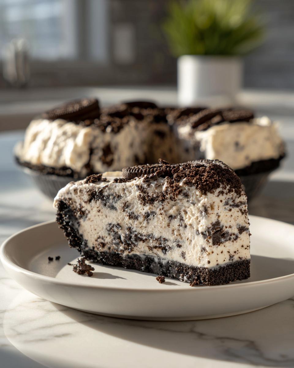A close-up slice of creamy, no-bake Oreo pie with a dark chocolate crust, sitting on a light plate.