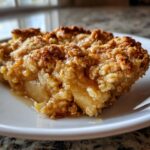 Close-up of a warm, gooey slice of pear crisp with a golden, crumbly oat topping.