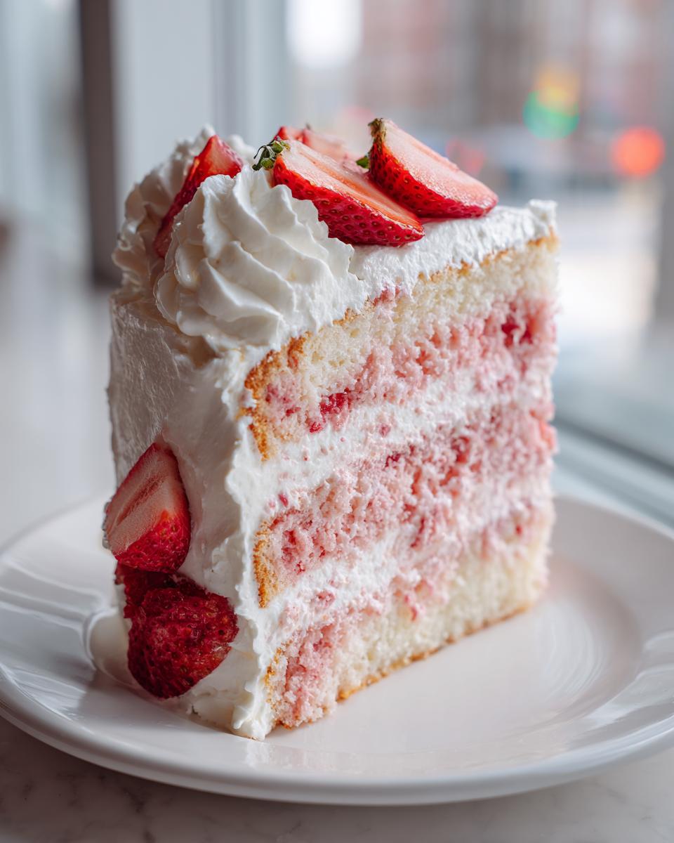 A tall slice of layered strawberry cake with white frosting and fresh strawberry slices on top.
