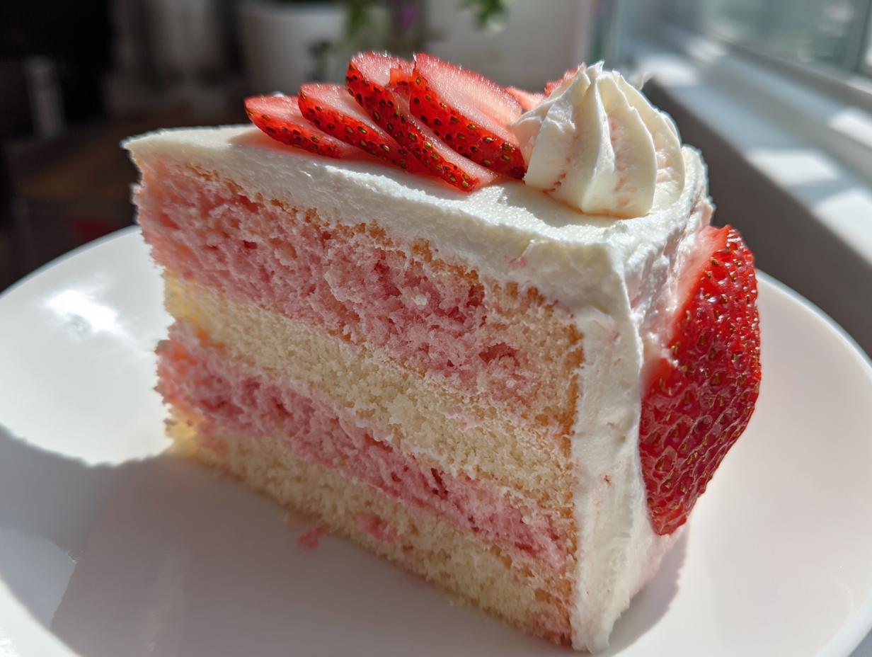 A perfect slice of 2-layer strawberry cake featuring pink and white layers, topped with white frosting, whipped cream, and fresh strawberry slices.