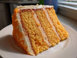 A tall slice of vibrant orange Creamsicle Cake showing three layers of cake and white frosting filling.